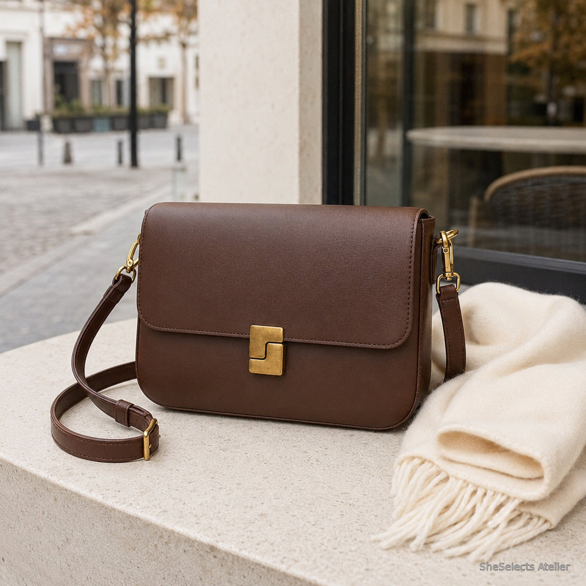 Dark brown structured crossbody purse styled outdoors with a cream scarf