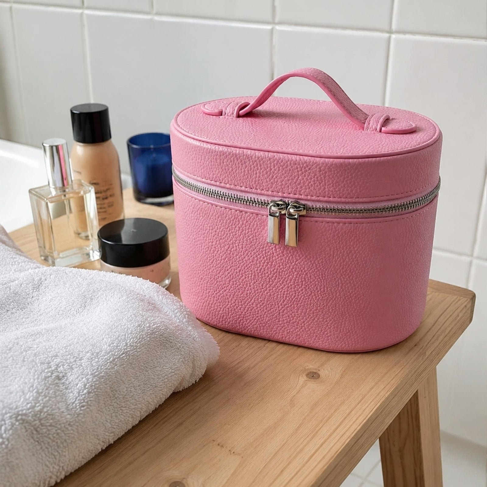 Pink travel makeup case styled with ordinary cosmetics on a pale oak bathroom stool