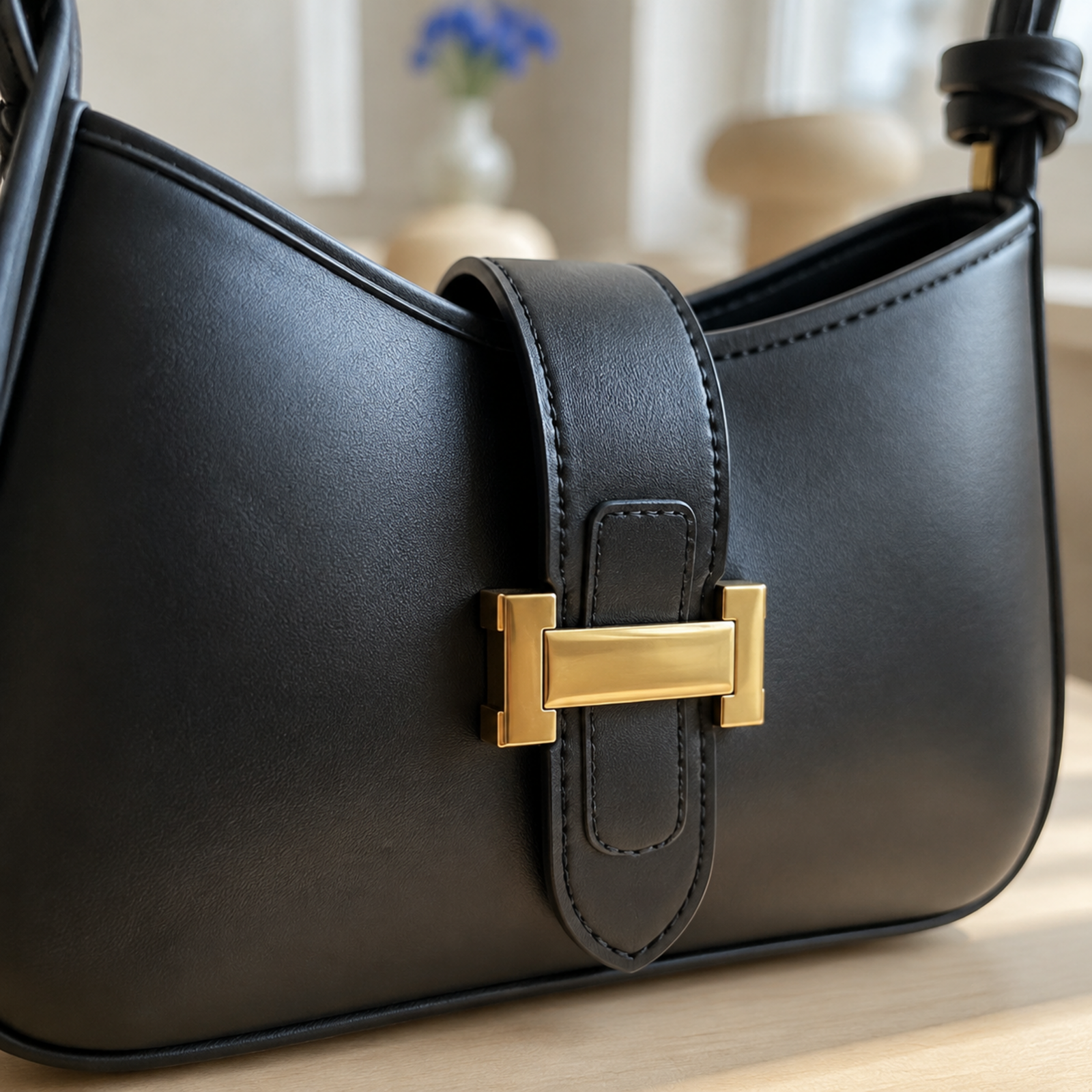 Close-up of the polished gold H clasp and smooth black vegan leather