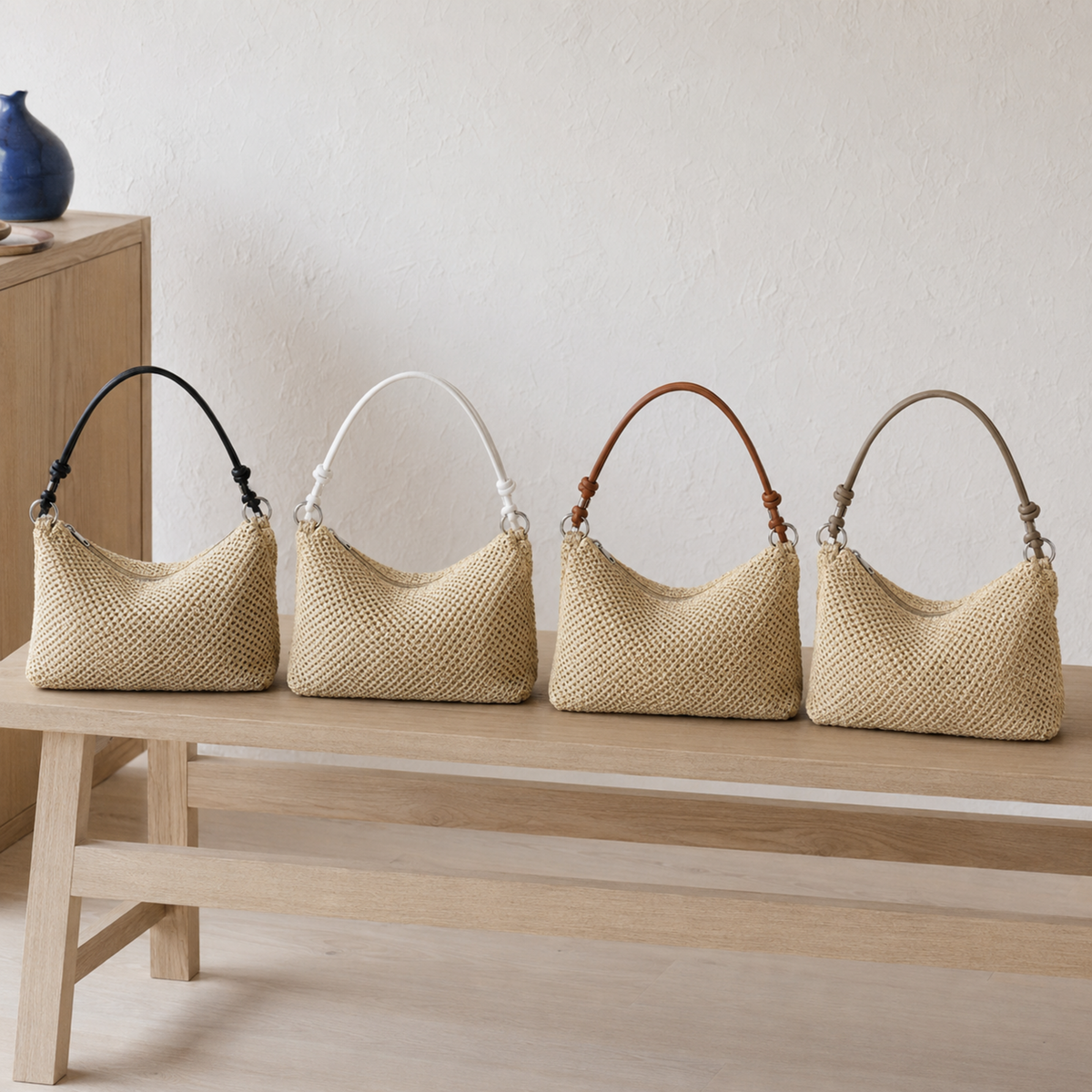 Straw hobo bag handle options in Black, White, Brown and Khaki