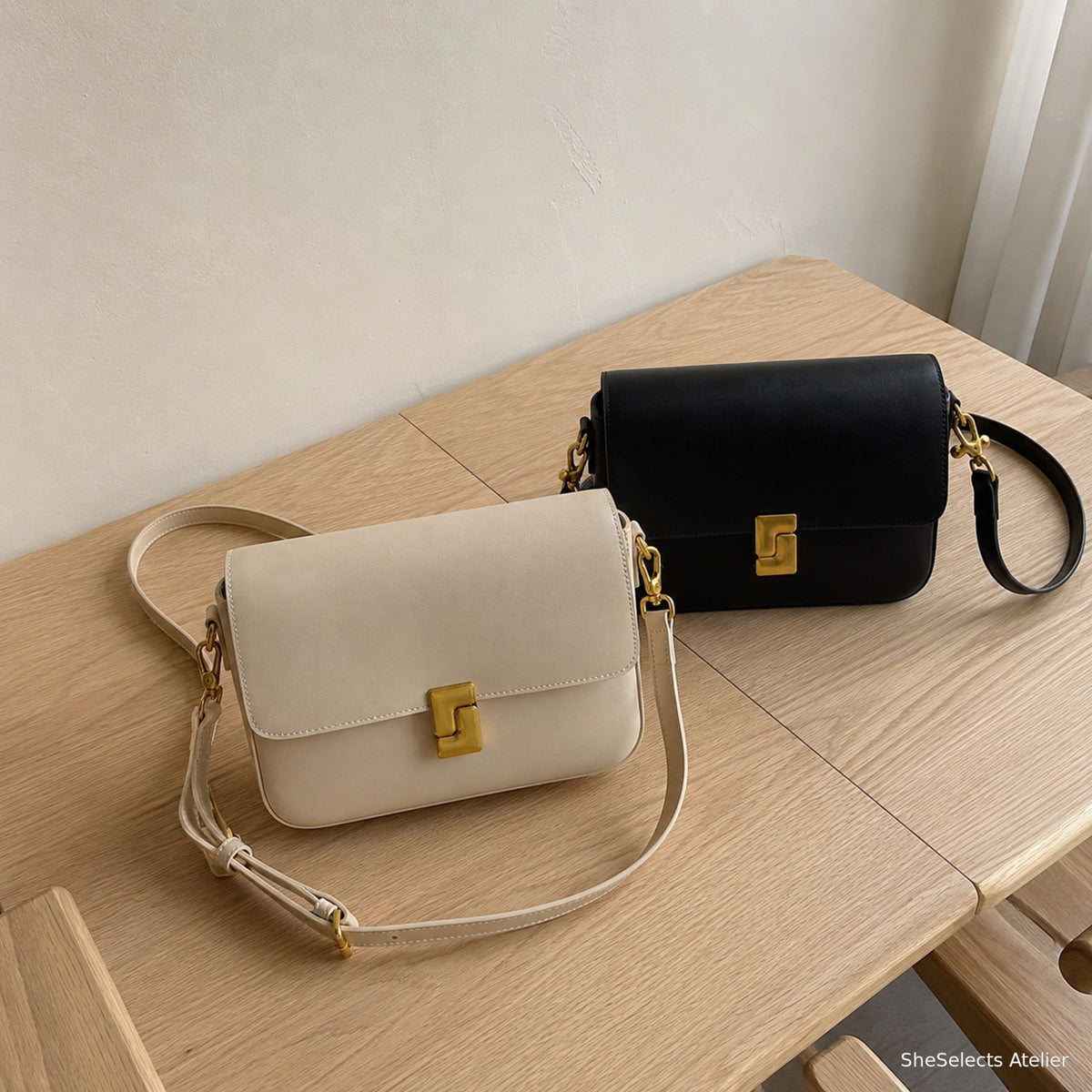 Beige and black color options for the genuine leather turn lock bag