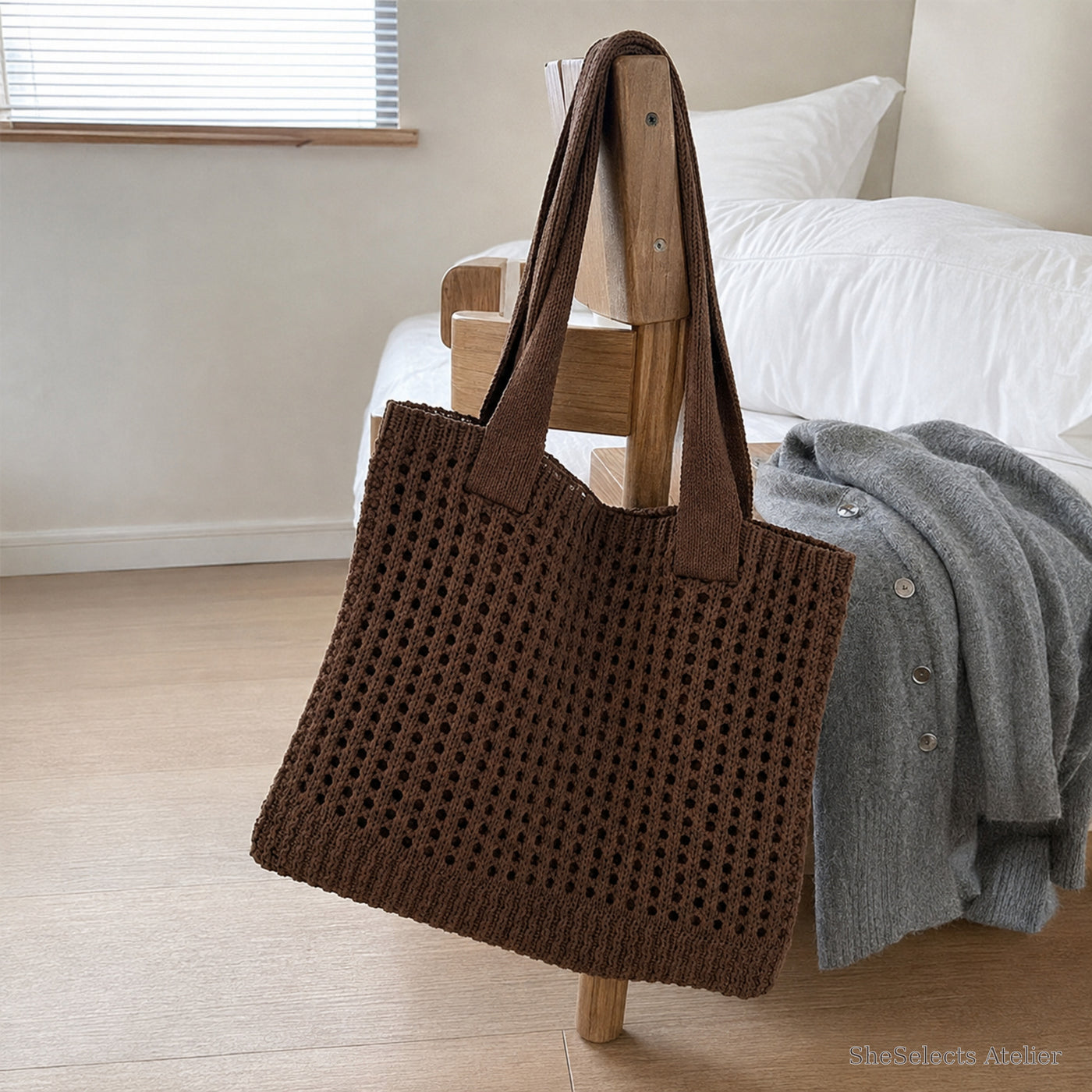 SheSelects Atelier gallery refresh 2026-08-01 | Hollow Knit Shoulder Bag | home brown
