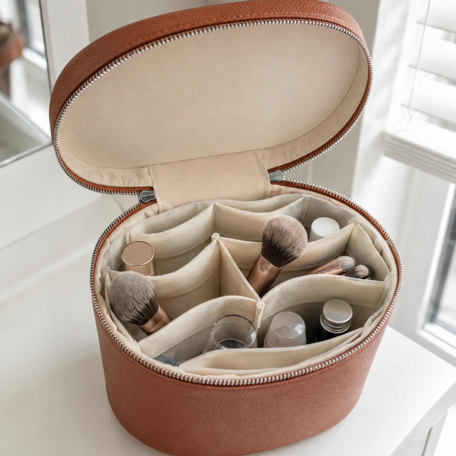 Open brown makeup organizer showing cream removable dividers filled with beauty essentials