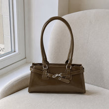 Glossy Vegan Leather East West Bag, Y2K Baguette Shoulder Purse with Zipper