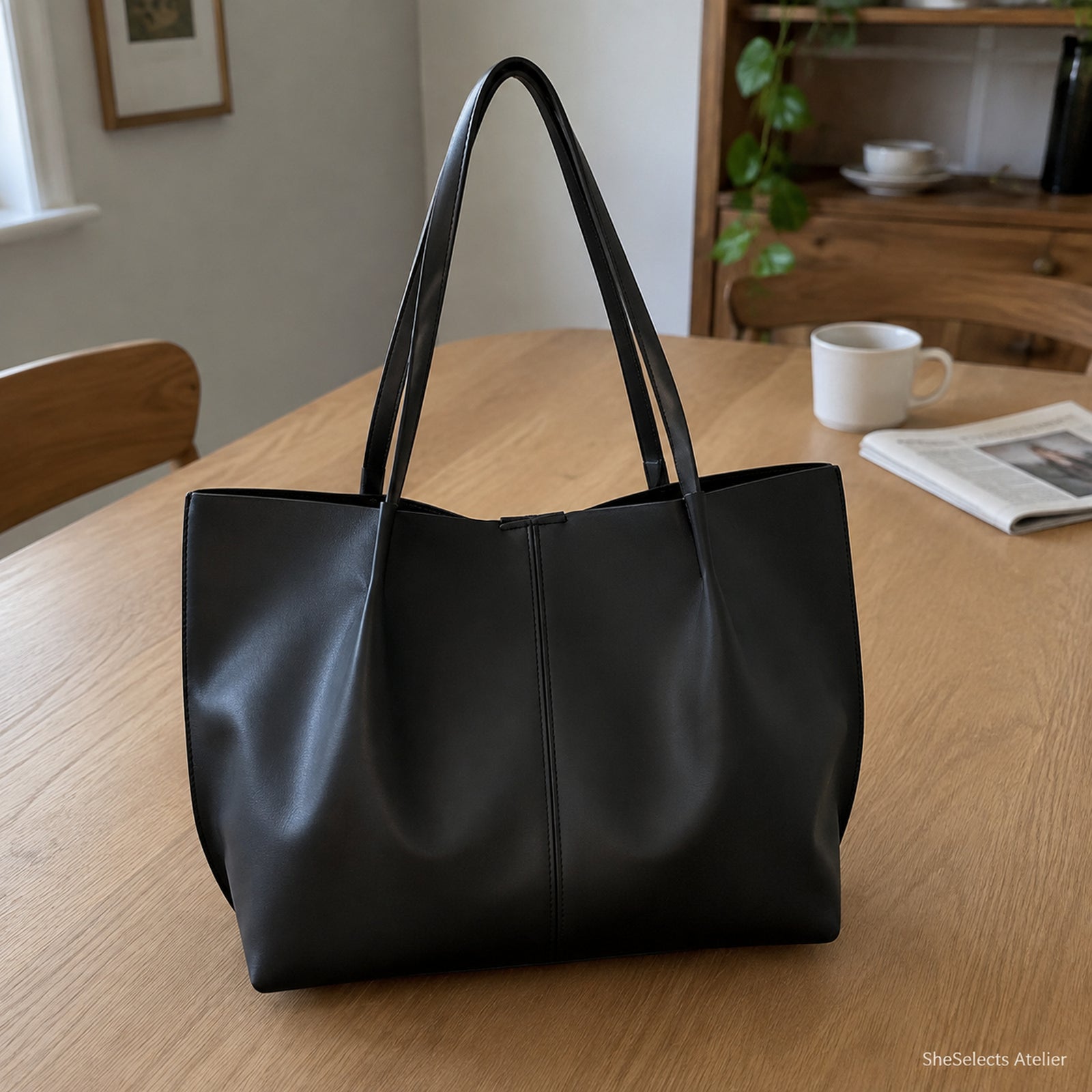 Black medium-large vegan leather tote standing on an ordinary light wood dining table
