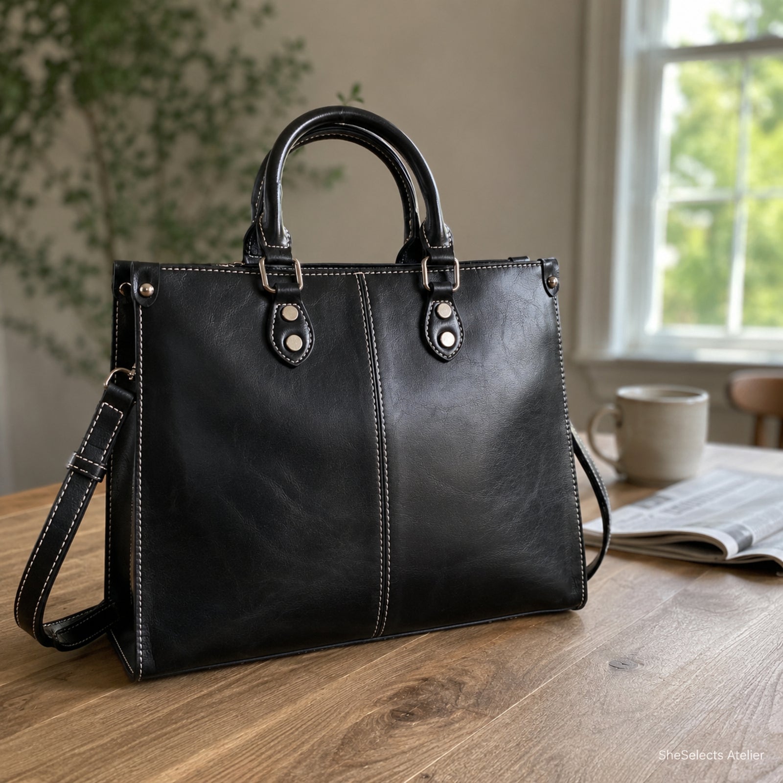 Black structured leather handbag on a light wood dining table beside a window