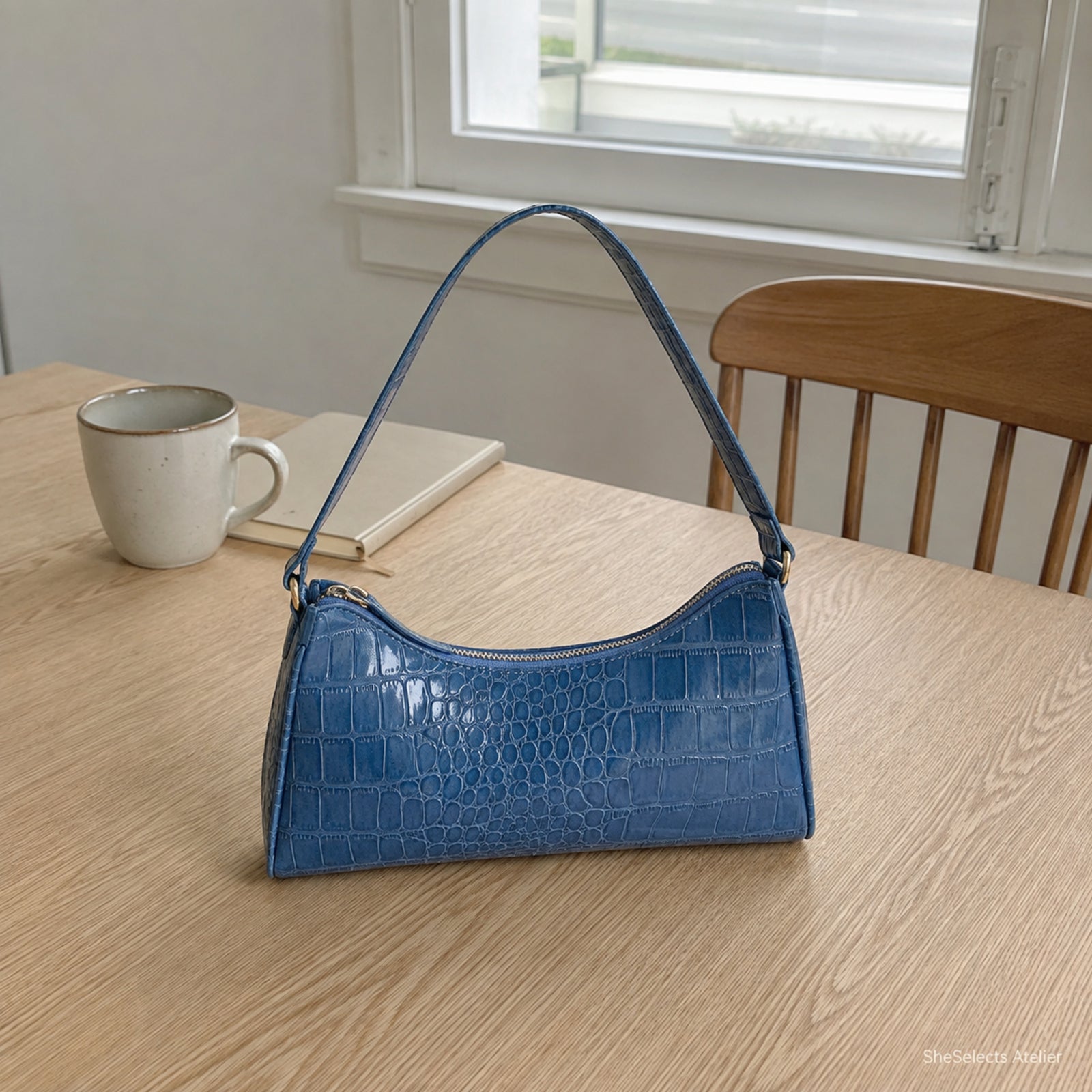 Blue croc embossed mini baguette purse on a light oak dining table by a window