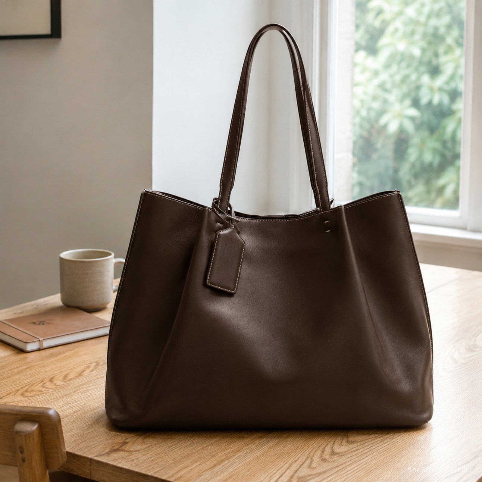 Dark brown large structured tote on a light oak dining table by a window