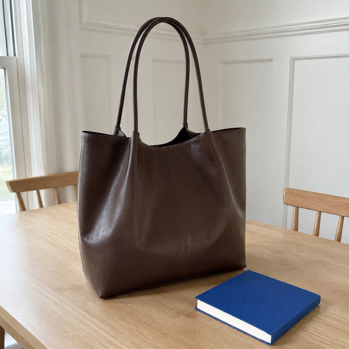 Coffee brown large shoulder tote shown upright on a pale oak dining table
