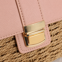 Structured Woven Straw Satchel with Pink Flap, Top Handle Crossbody Bag