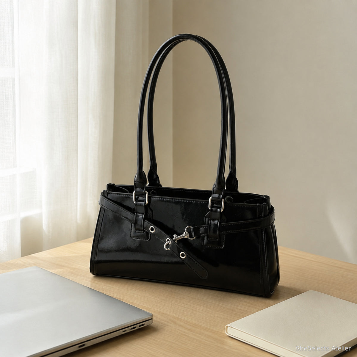Black glossy vegan leather east west bag beside a work desk