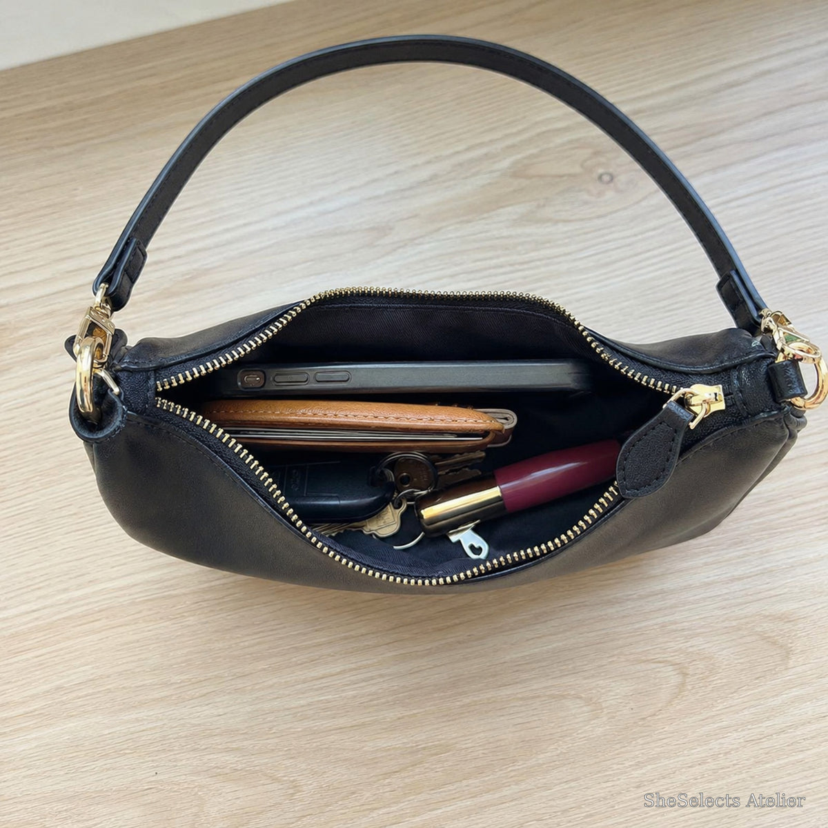 Minimalist Crescent Shoulder Bag, Small Vegan Leather Purse with Gold Chain Detail | capacity black | SheSelects Atelier