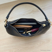 Minimalist Crescent Shoulder Bag, Small Vegan Leather Purse with Gold Chain Detail | capacity black | SheSelects Atelier