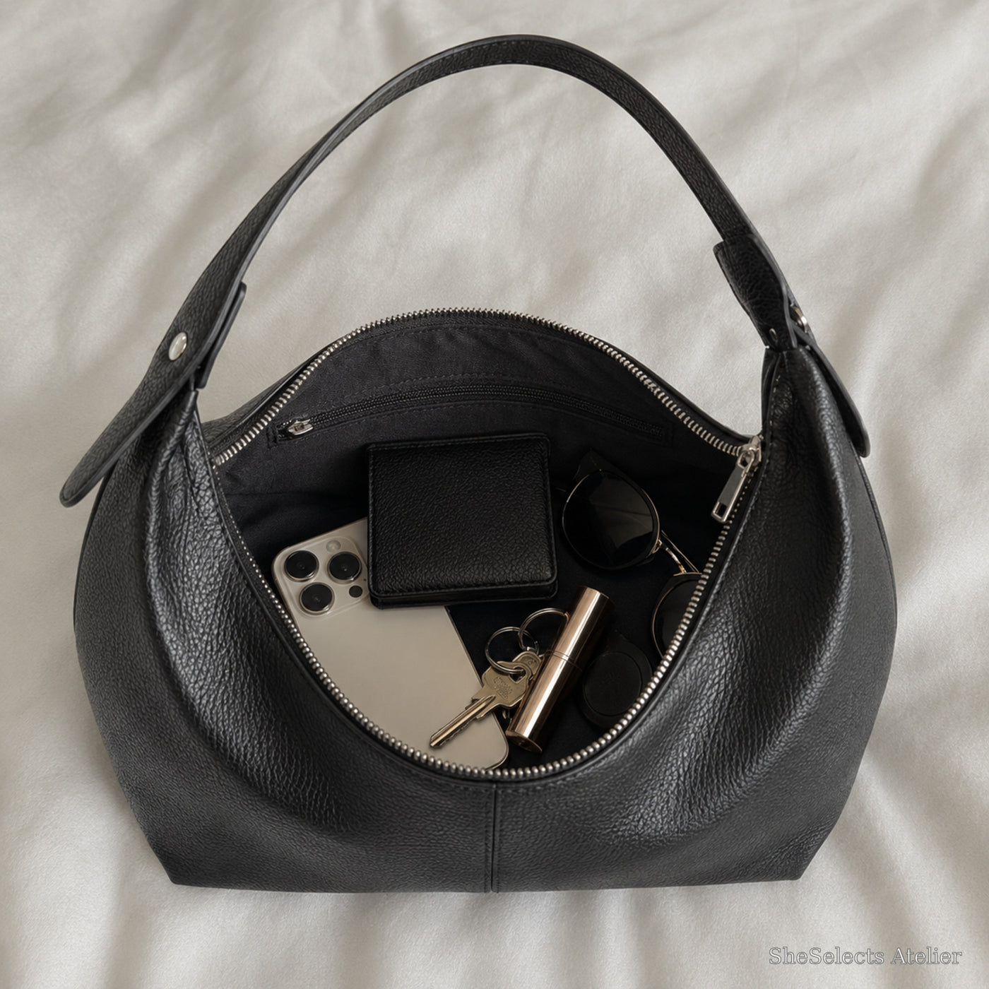 Dumpling Shoulder Bag, Textured Crescent Underarm Purse in Five Colors | capacity black | SheSelects Atelier