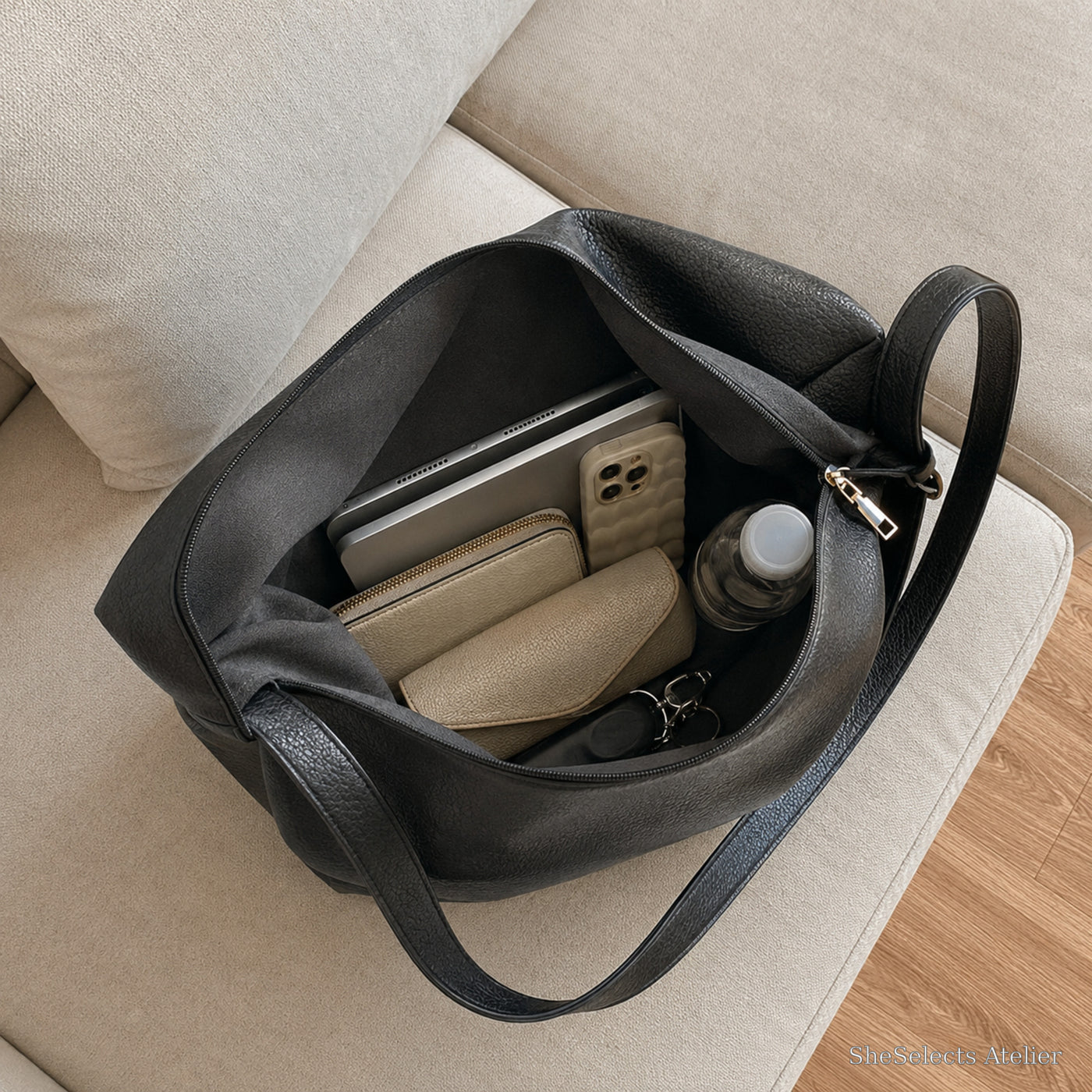 Large Vegan Leather Hobo Bag, Soft Slouchy Shoulder Tote for Women | capacity black | SheSelects Atelier