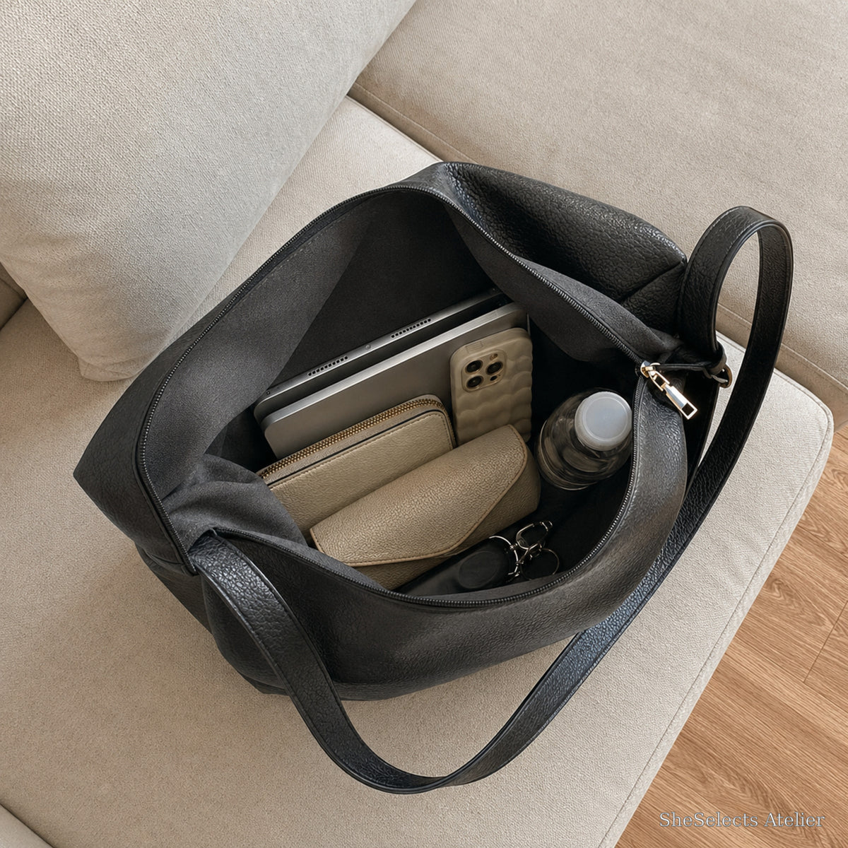 Large Vegan Leather Hobo Bag, Soft Slouchy Shoulder Tote for Women | capacity black | SheSelects Atelier