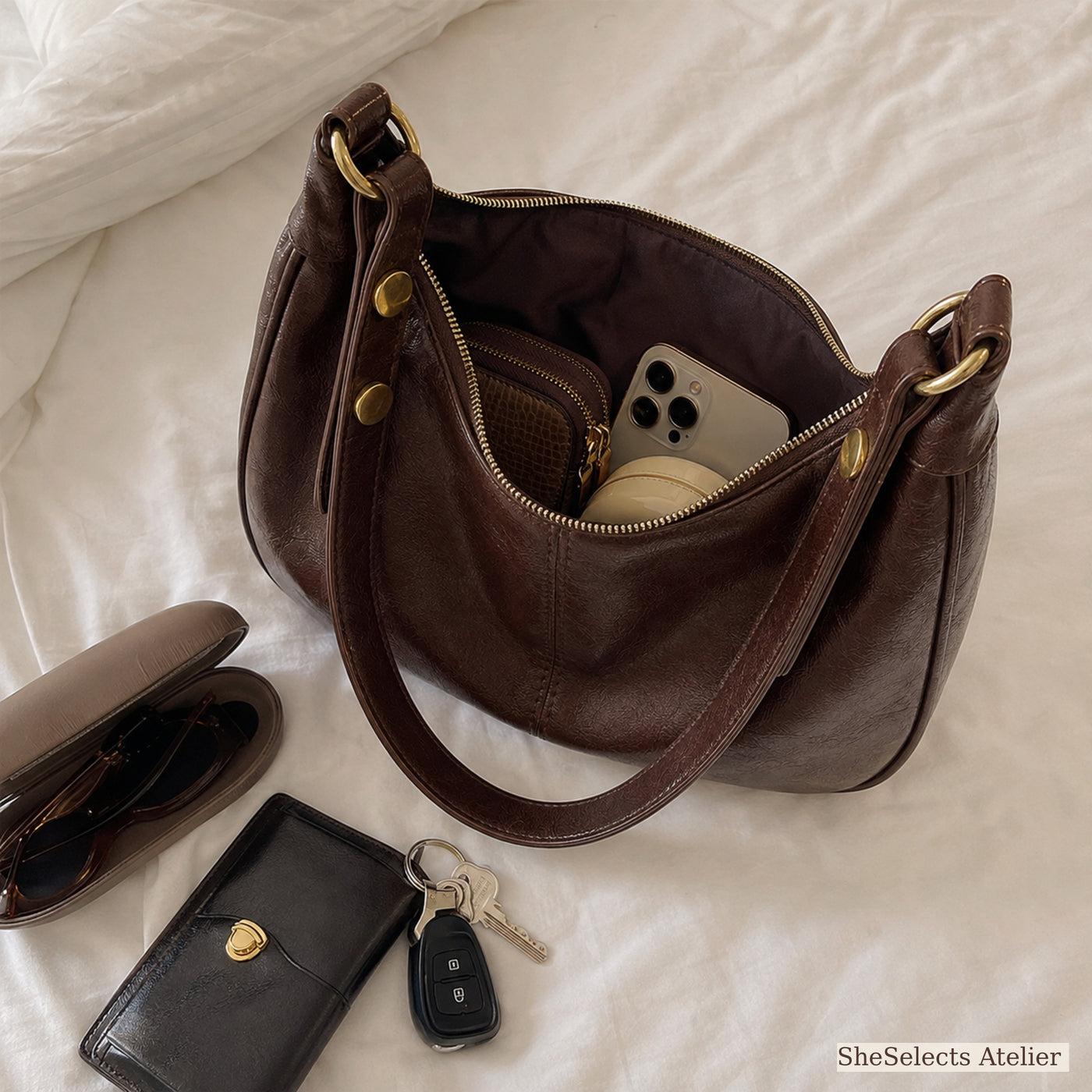 Brown crescent hobo purse open with everyday essentials inside