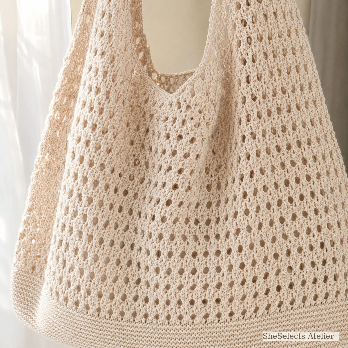 Close-up of beige hollow knit texture and perforated weave