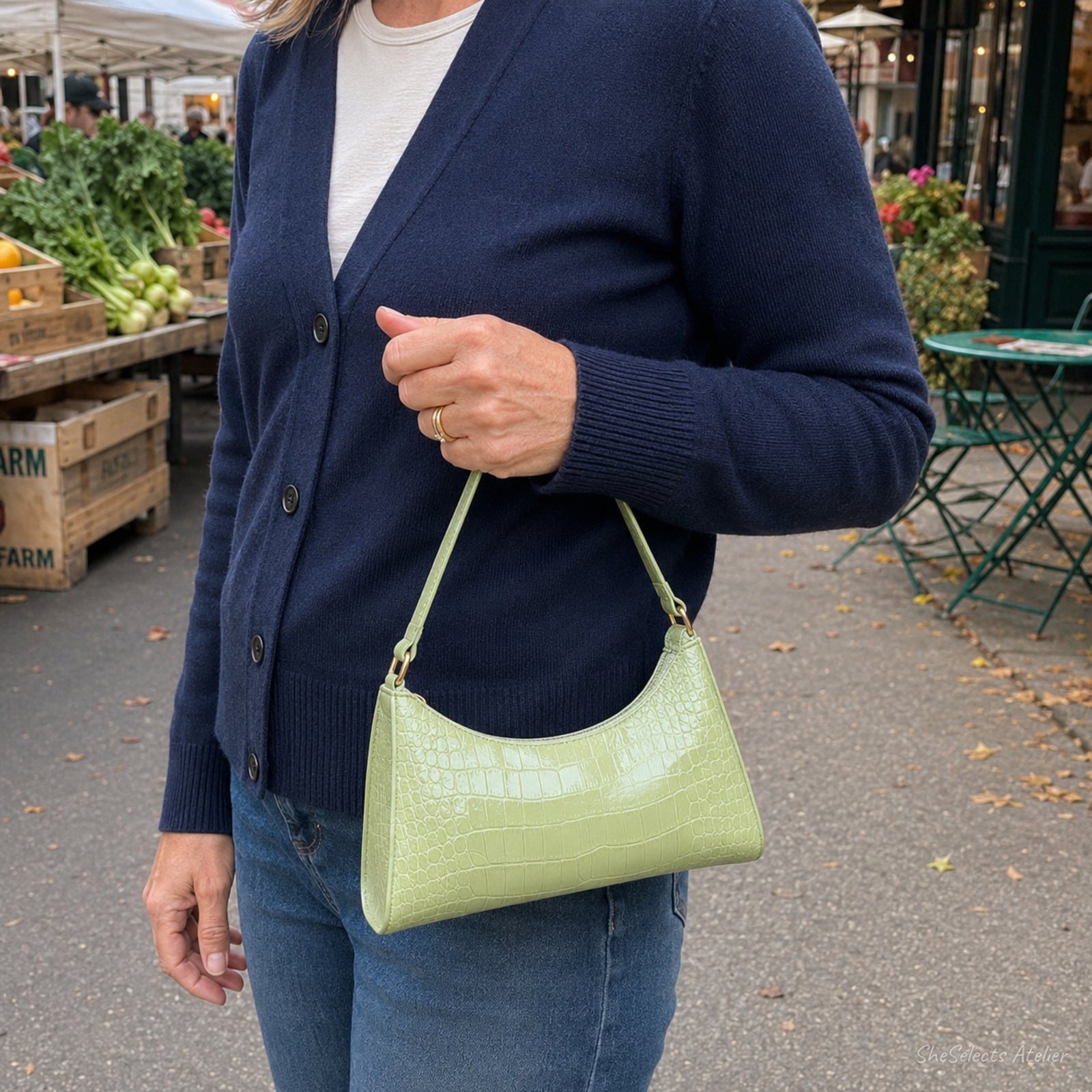 Woman holding a light green mini shoulder bag at a neighborhood farmers market