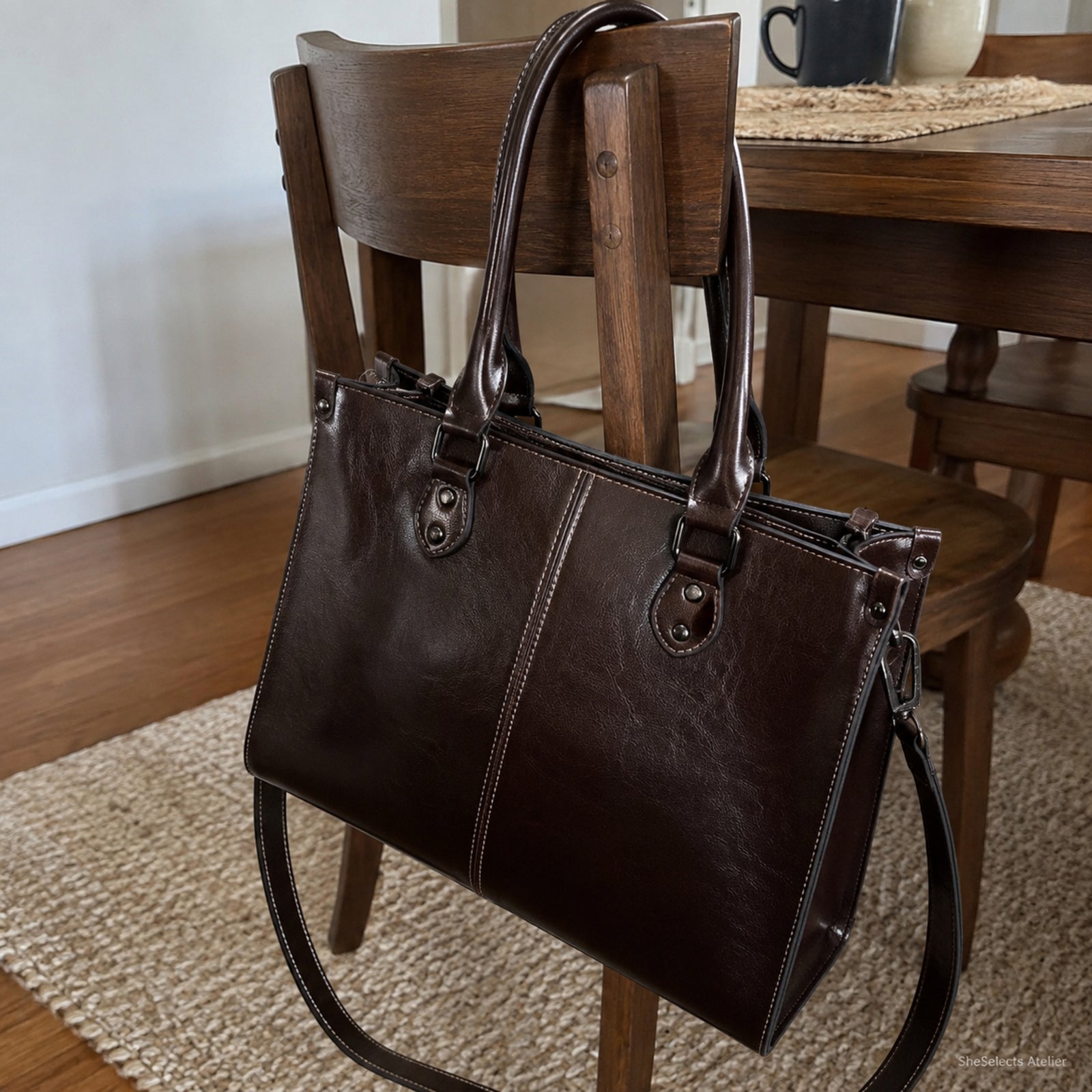 Side gusset view of a coffee brown leather handbag hanging from a wooden chair