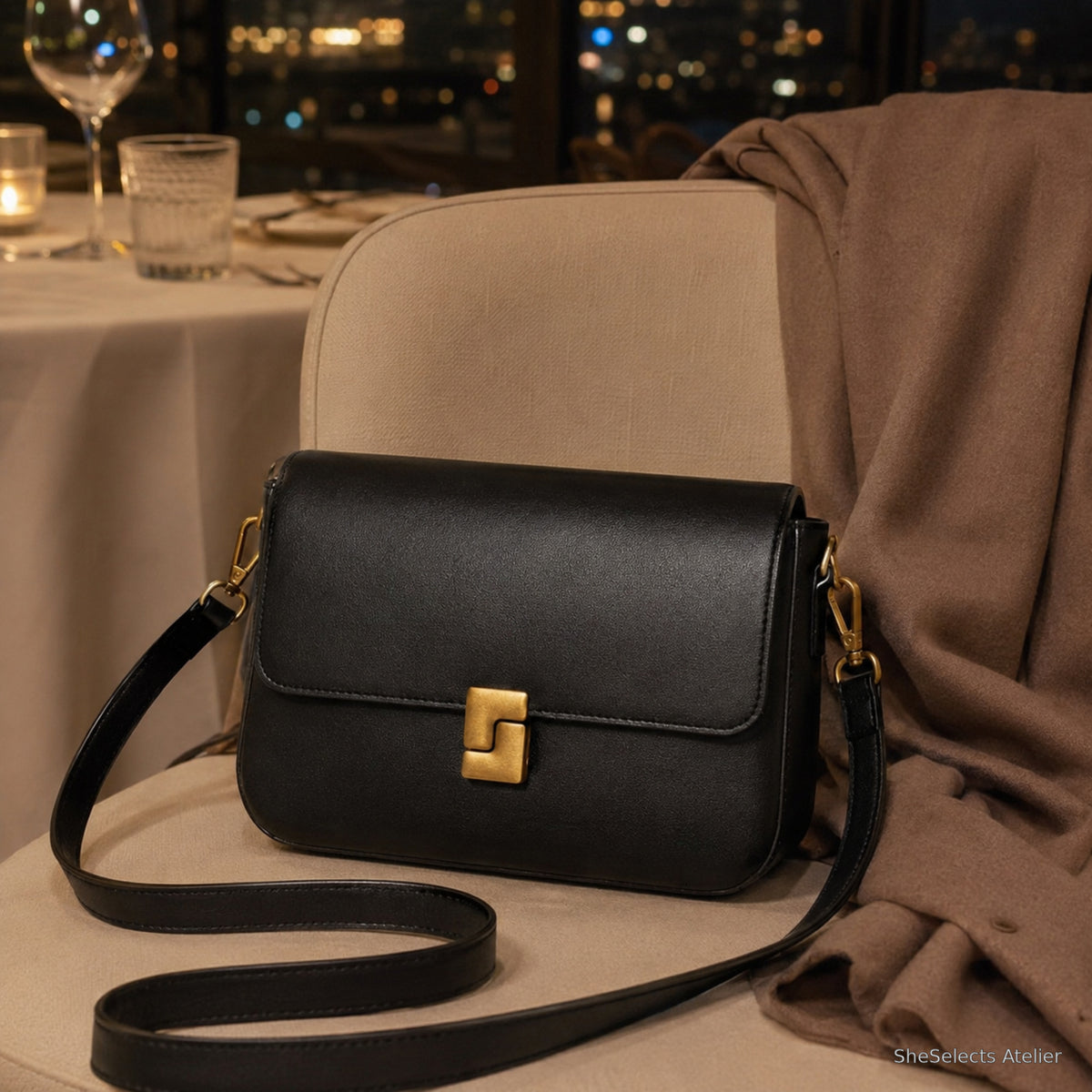 Black turn lock shoulder purse styled for an evening dinner