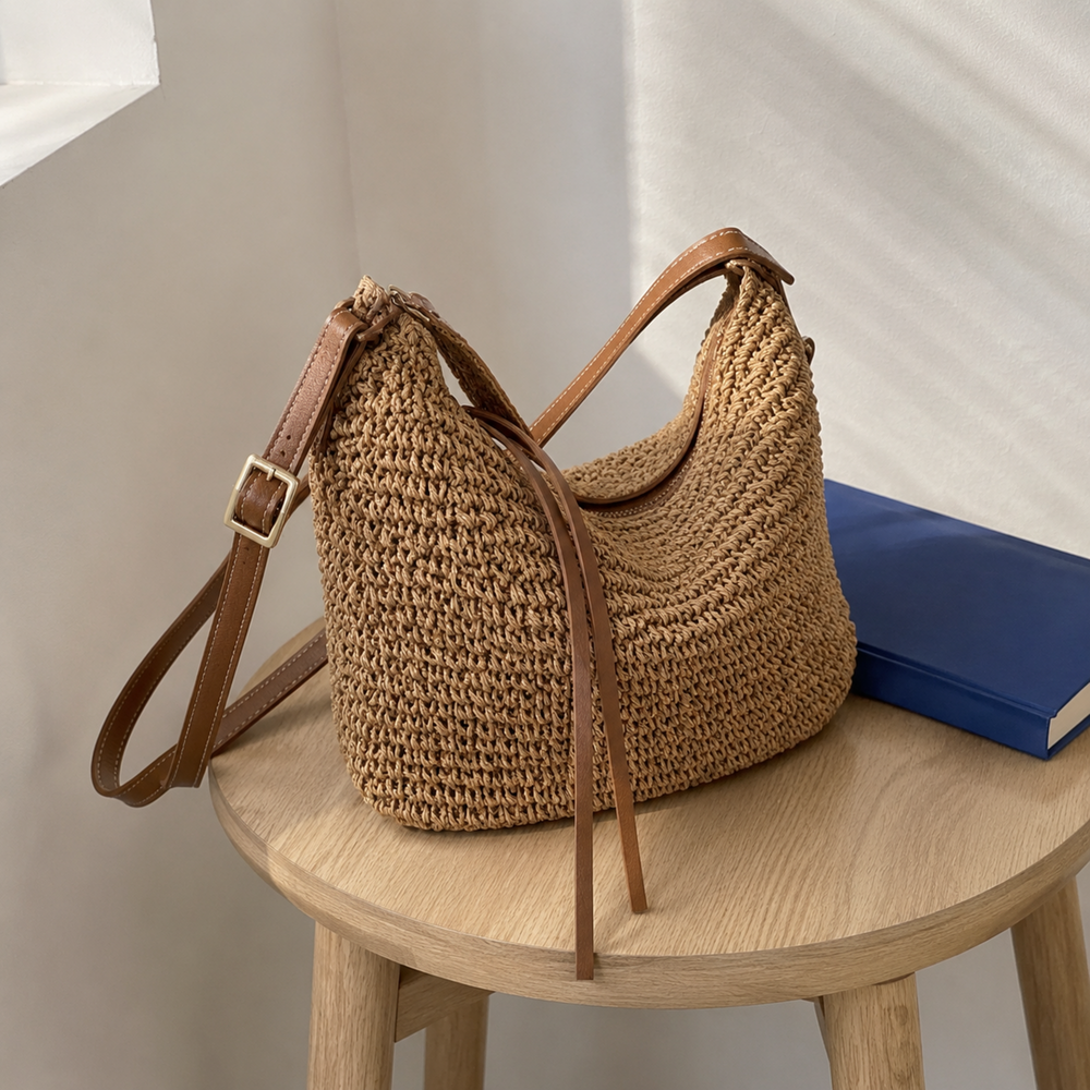 Slouchy Woven Straw Hobo Bag with Adjustable Strap and Zip Top