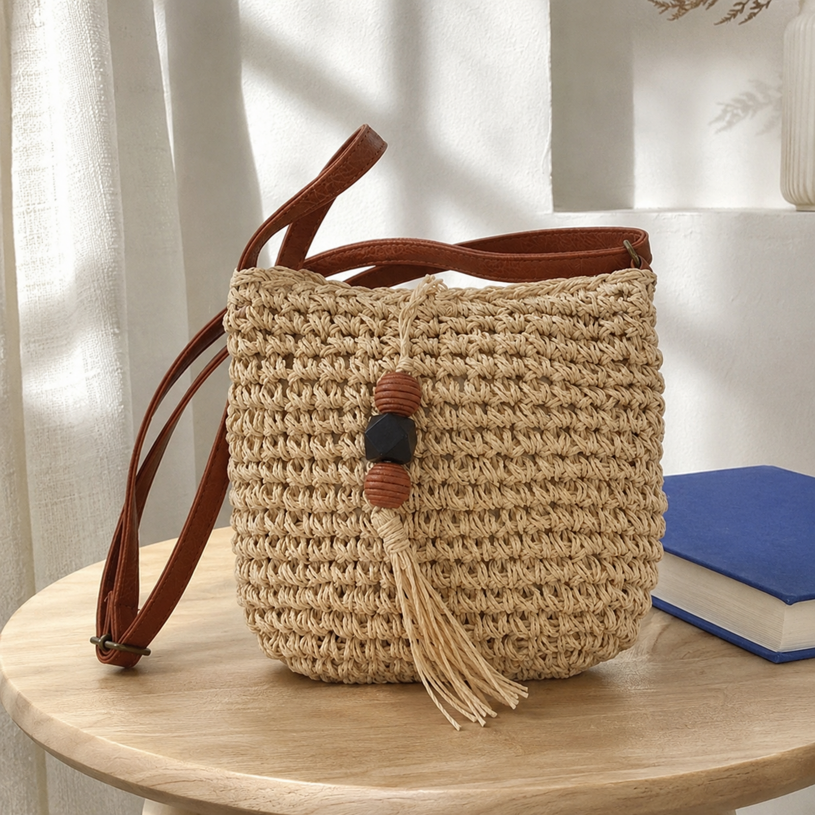 Beige beaded tassel straw purse in soft window light