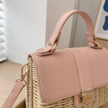 Structured Woven Straw Satchel with Pink Flap, Top Handle Crossbody Bag