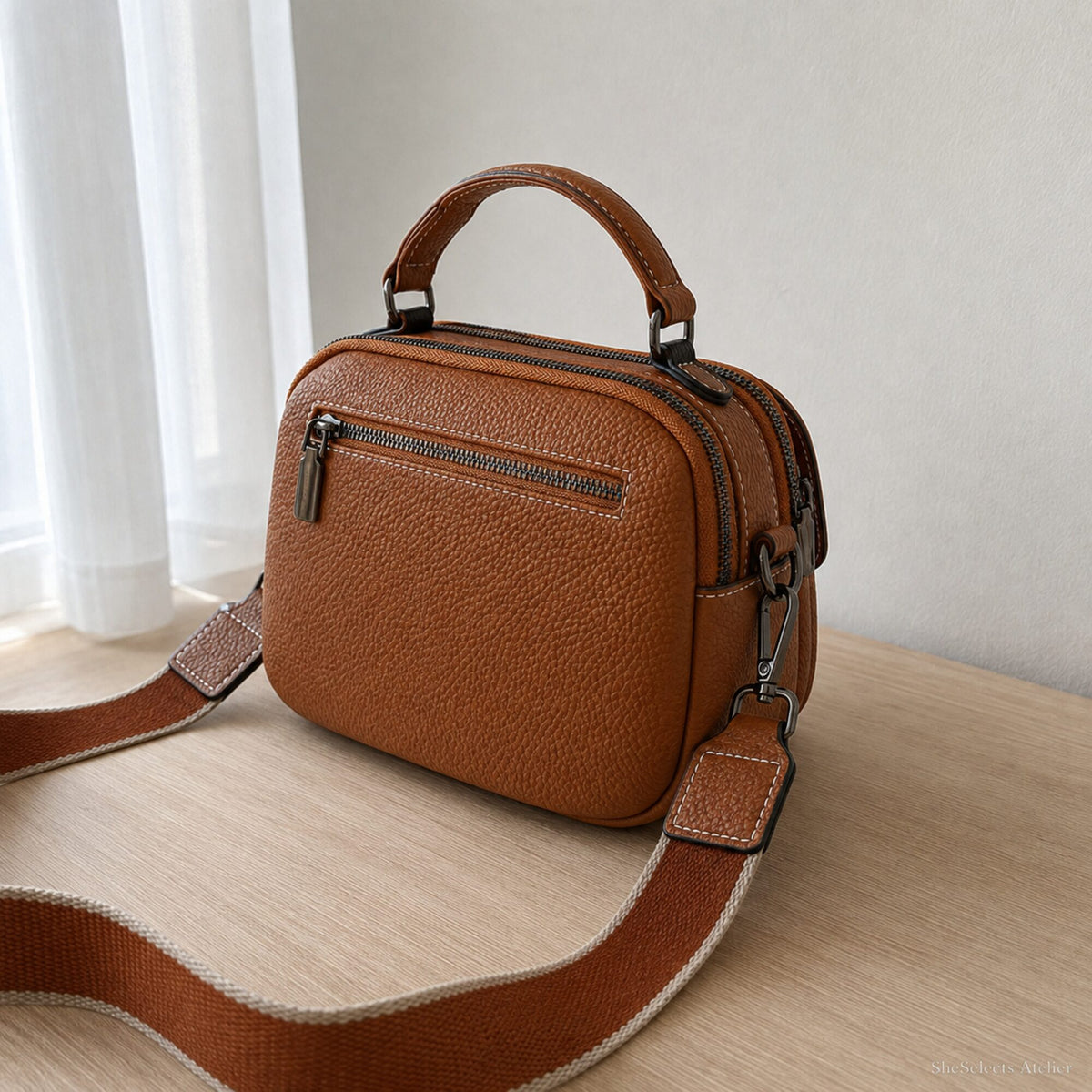 Golden Brown genuine leather crossbody bag rear view with back zipper pocket and woven strap