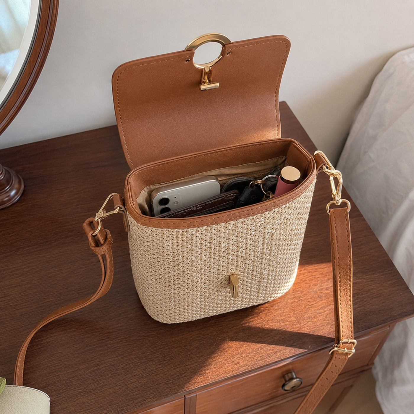 Straw Crossbody Bag for Women, Woven Summer Shoulder Purse with Flap