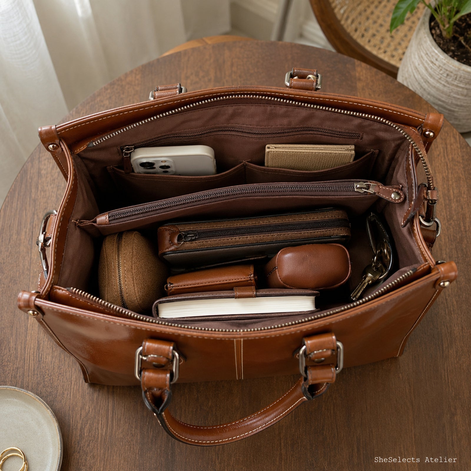 Open brown leather handbag showing polyester lining and organized zippered compartments