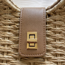 Straw Woven Crossbody Bag, Rounded Summer Shoulder Purse with Gold Turn Lock