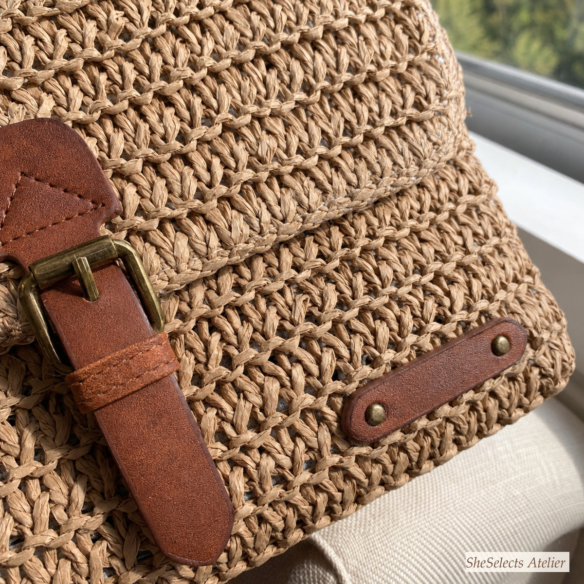 Close-up of khaki straw weave and brown two-stud trim detail