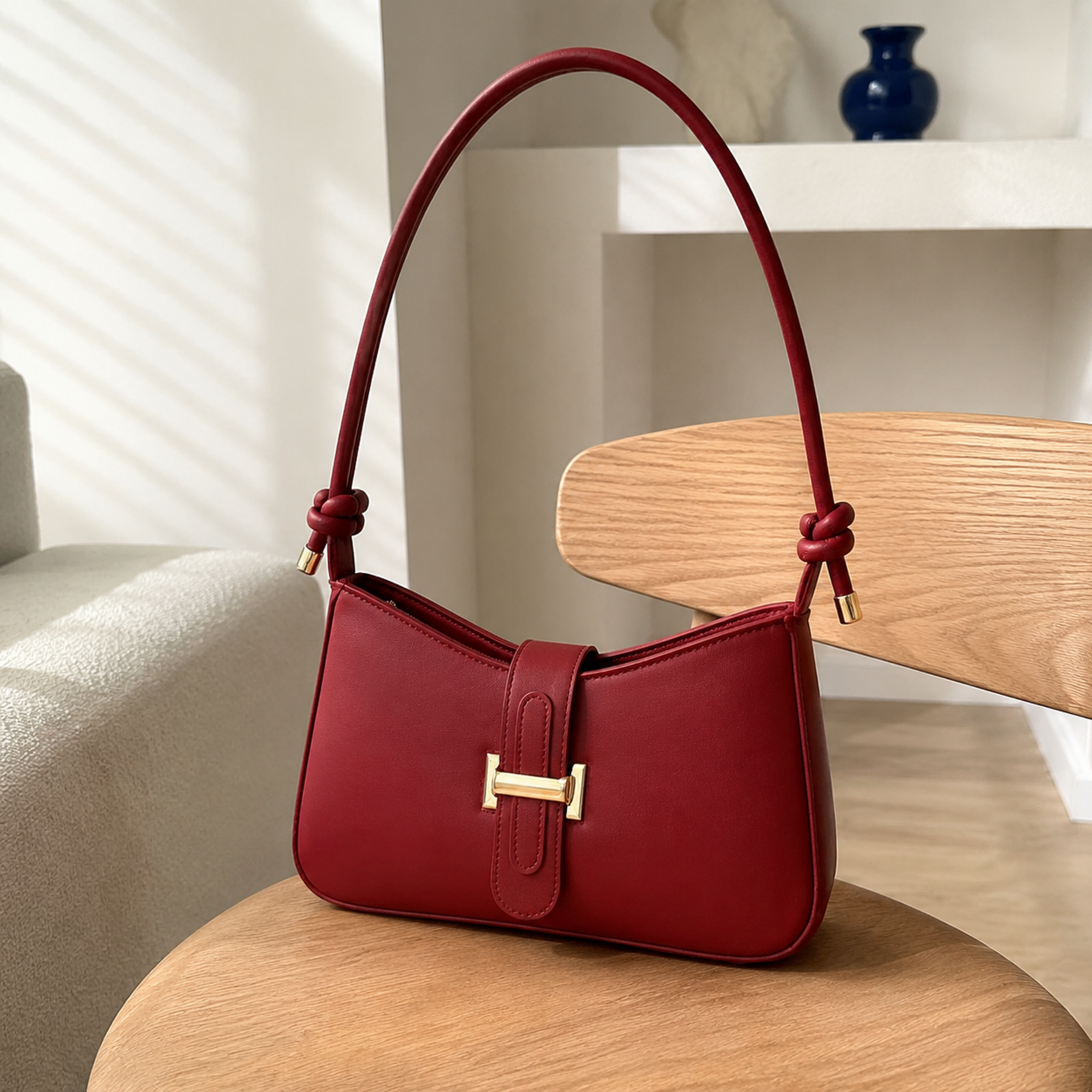Red knot-strap underarm bag on pale oak in soft window light