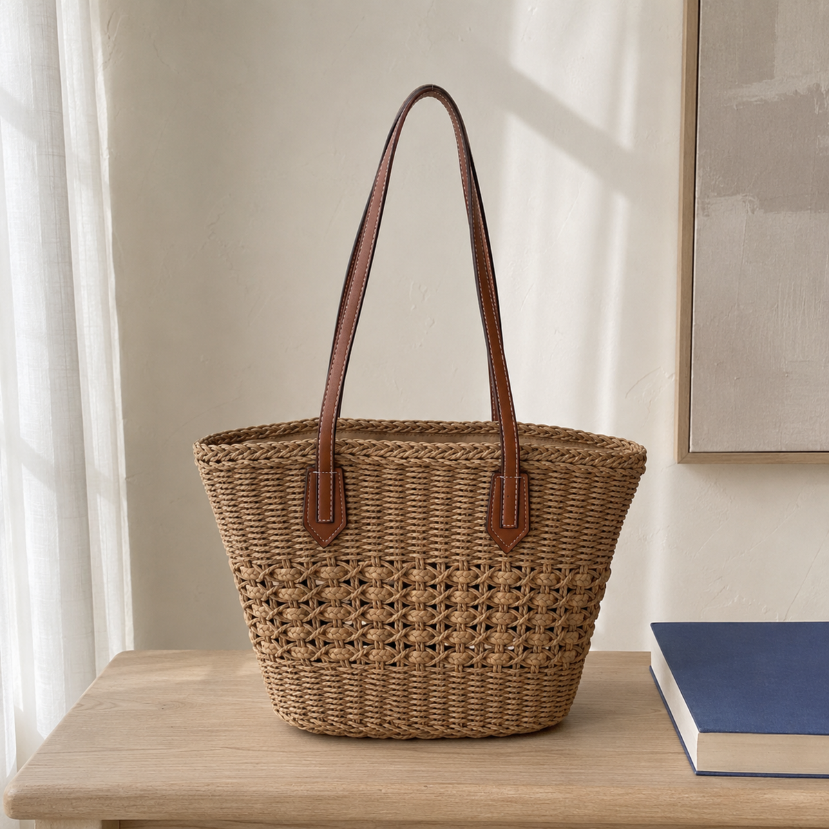 Khaki cut-out woven paper-straw tote without scarf on pale oak