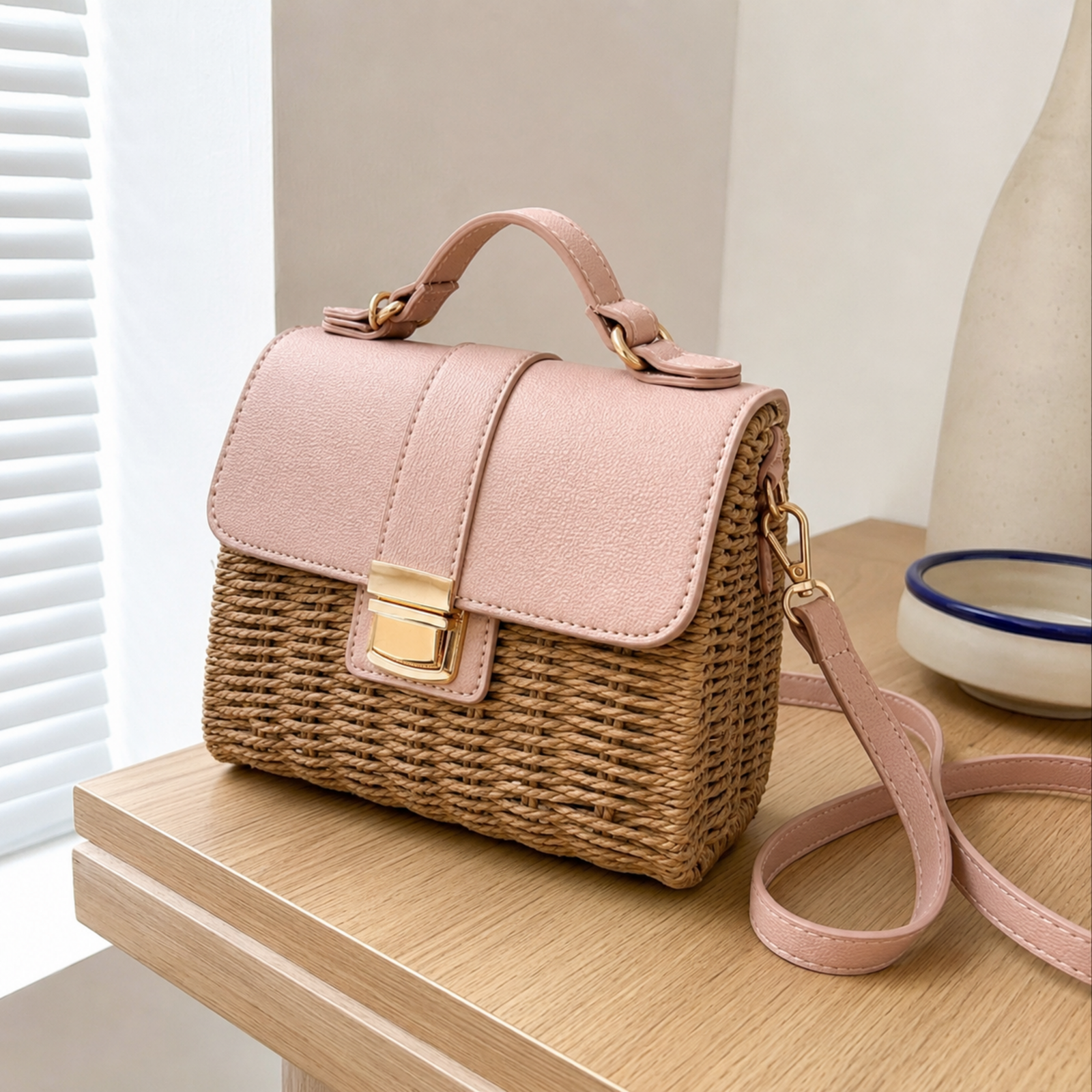 Khaki woven straw satchel in a three-quarter view