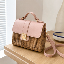 Structured Woven Straw Satchel with Pink Flap, Top Handle Crossbody Bag