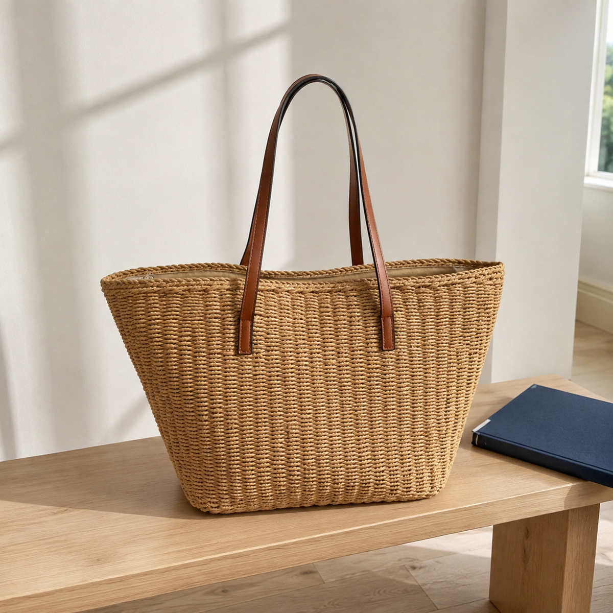 Khaki handwoven paper-straw tote without tassel on pale oak