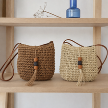 Small Woven Straw Crossbody Bag with Beaded Tassel and Zip Top