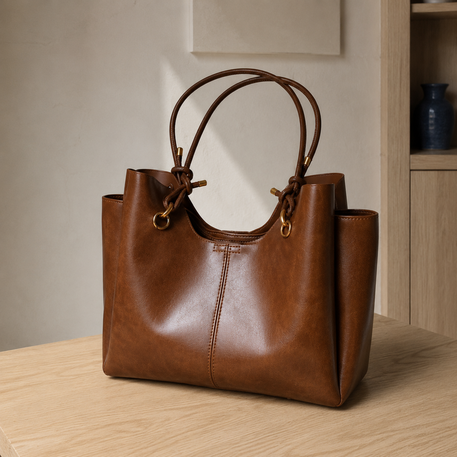Brown large shoulder tote with side pockets in soft window light