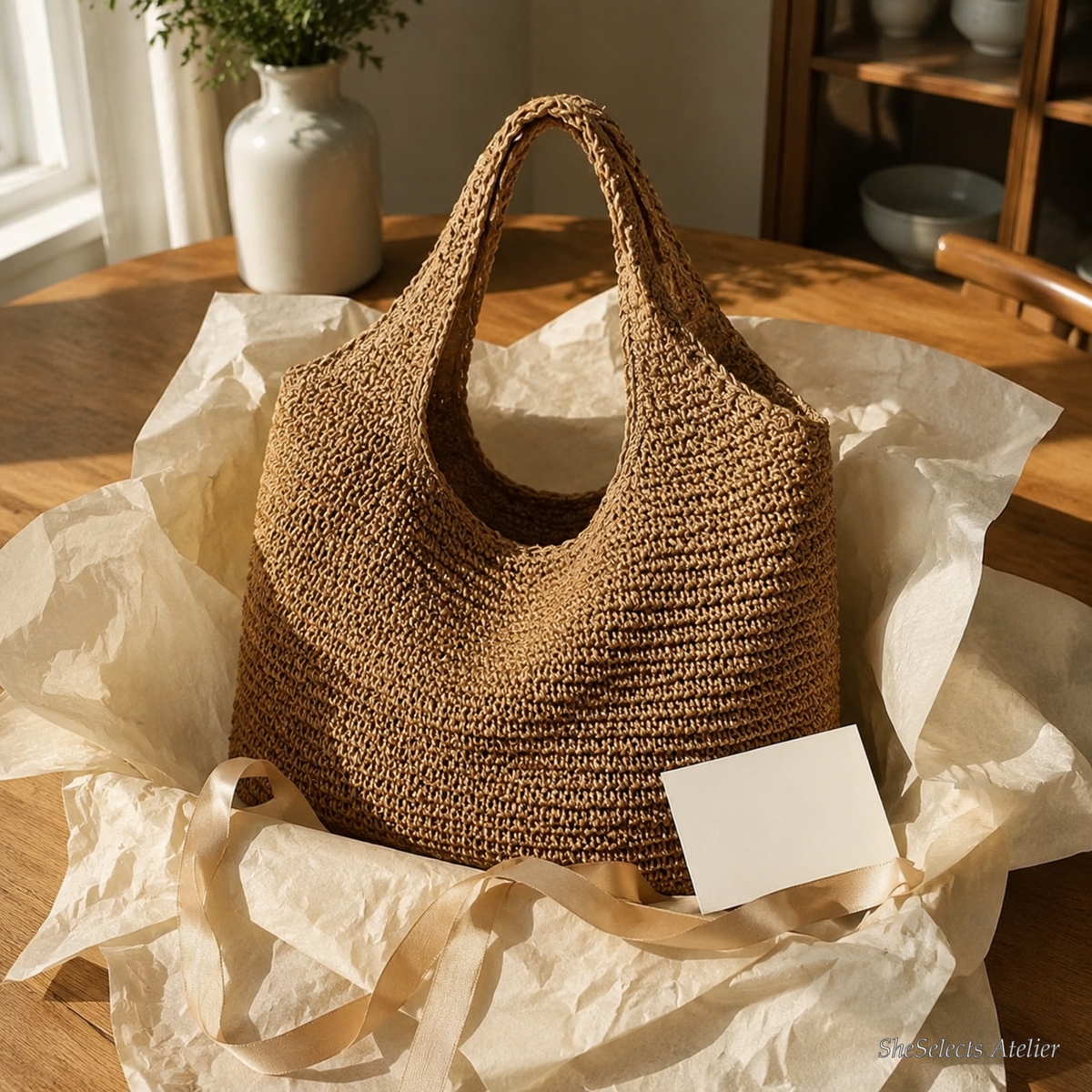 Brown straw hobo bag gift presentation