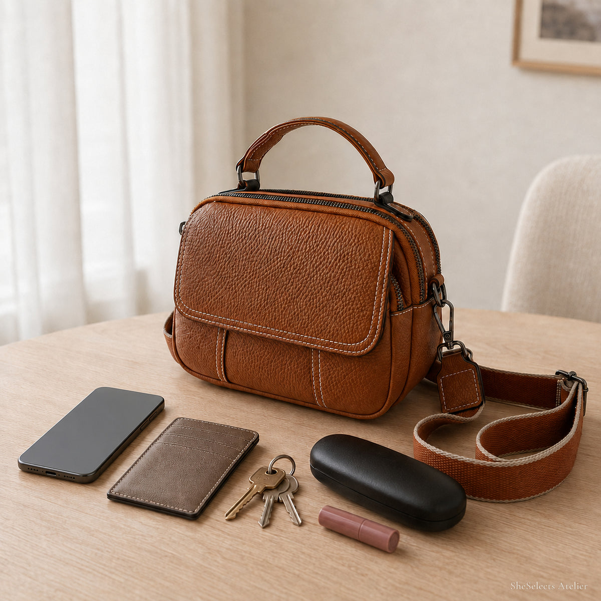 Golden Brown genuine leather crossbody bag with phone wallet keys and everyday essentials
