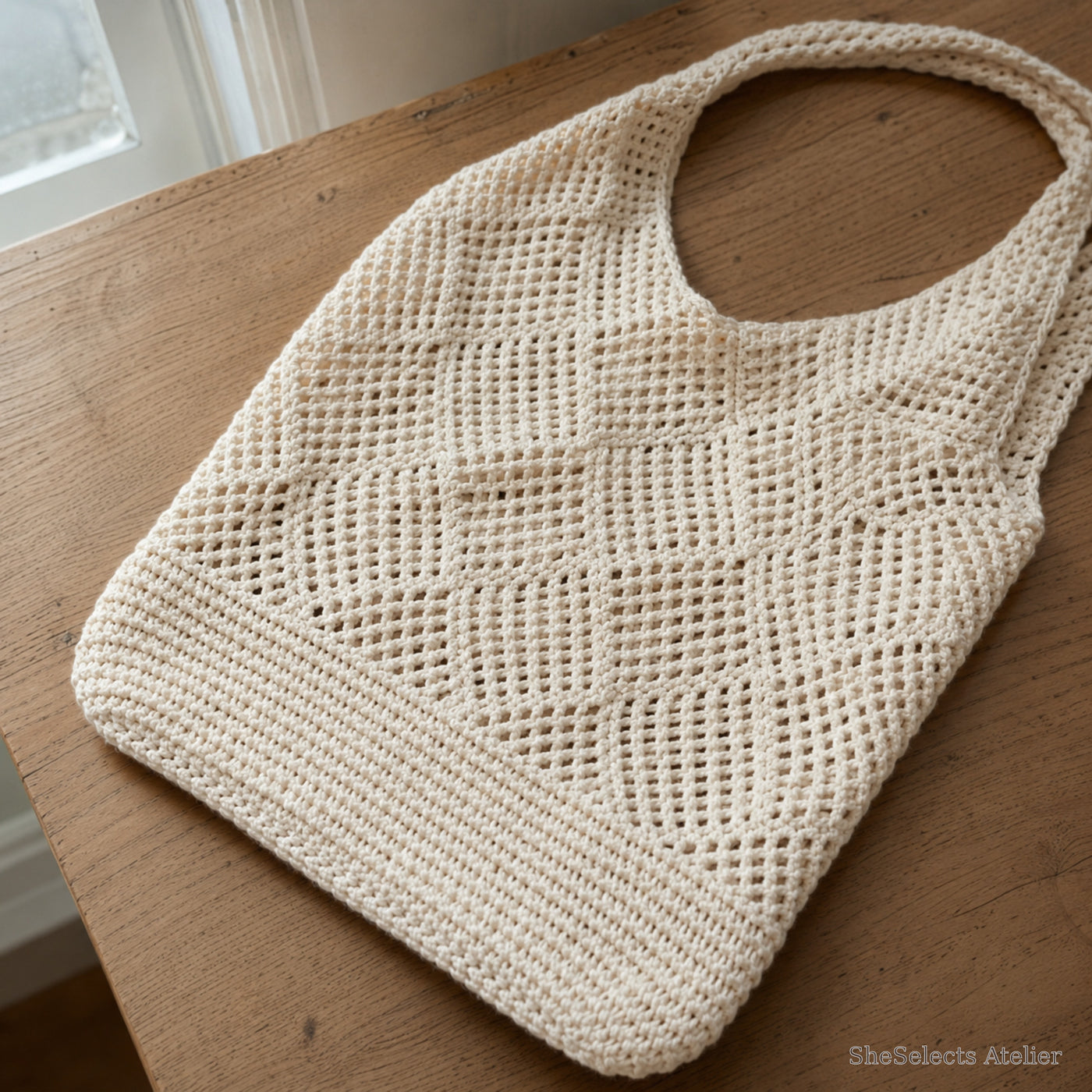 SheSelects Atelier gallery refresh 2026-08-01 | Large Crochet Tote Bag | handle base apricot