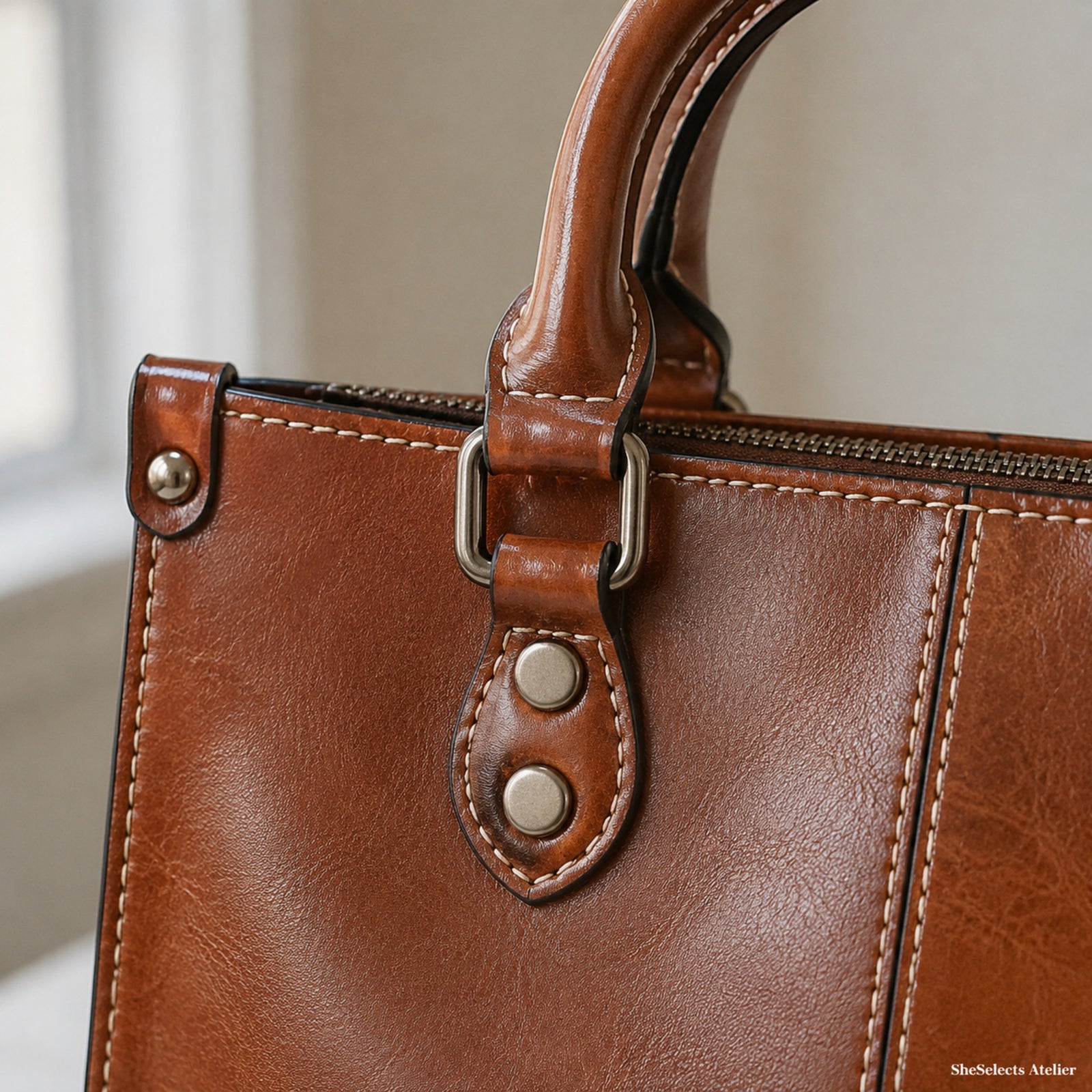 Close-up of brown leather handle tabs, double rivets, zipper, hardware, and stitching