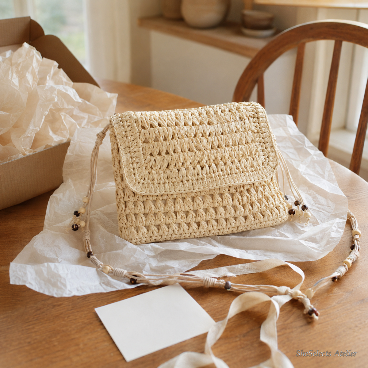 Woven straw crossbody bag, boho square summer purse with beaded strap for women