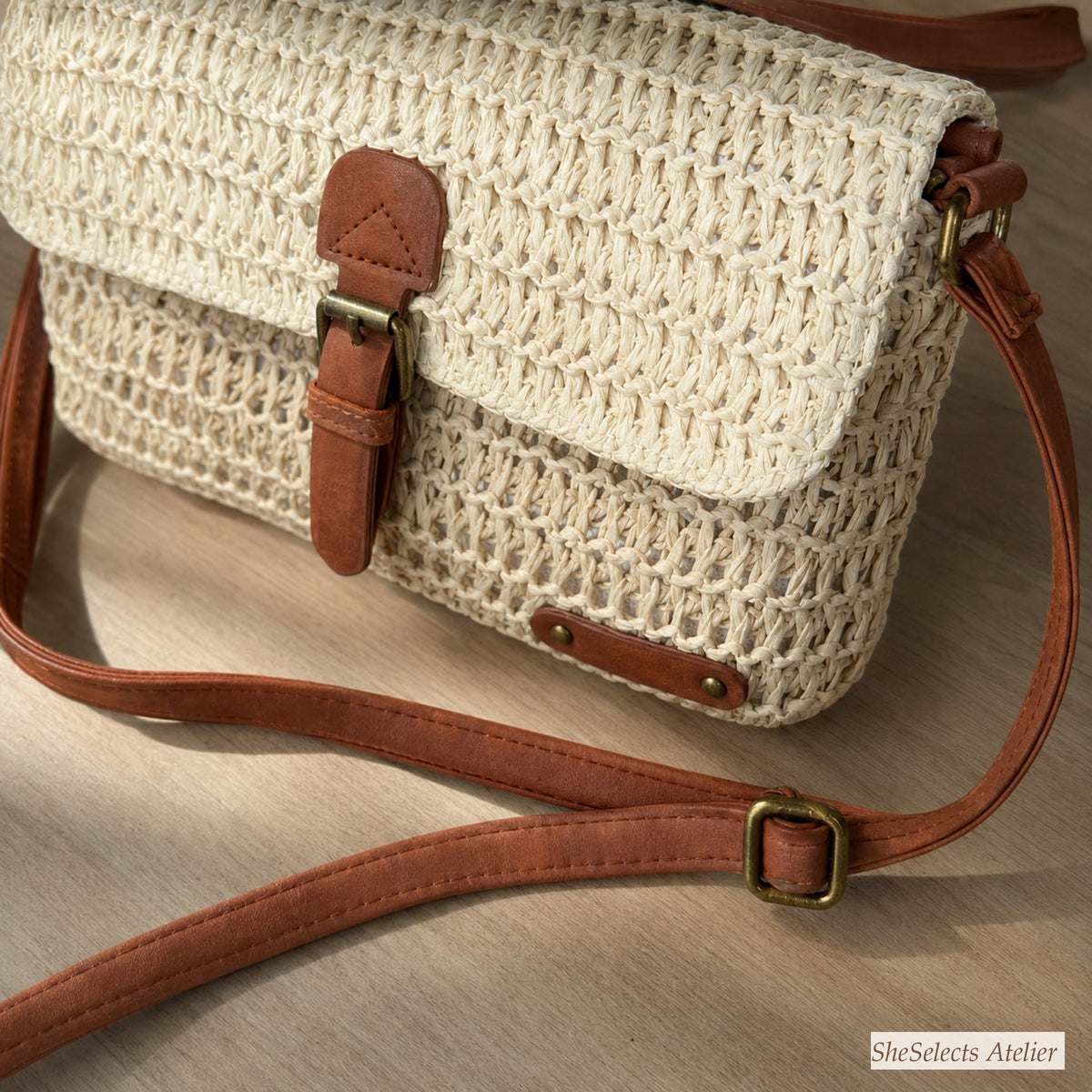 Adjustable brown shoulder strap and hardware on a beige straw bag