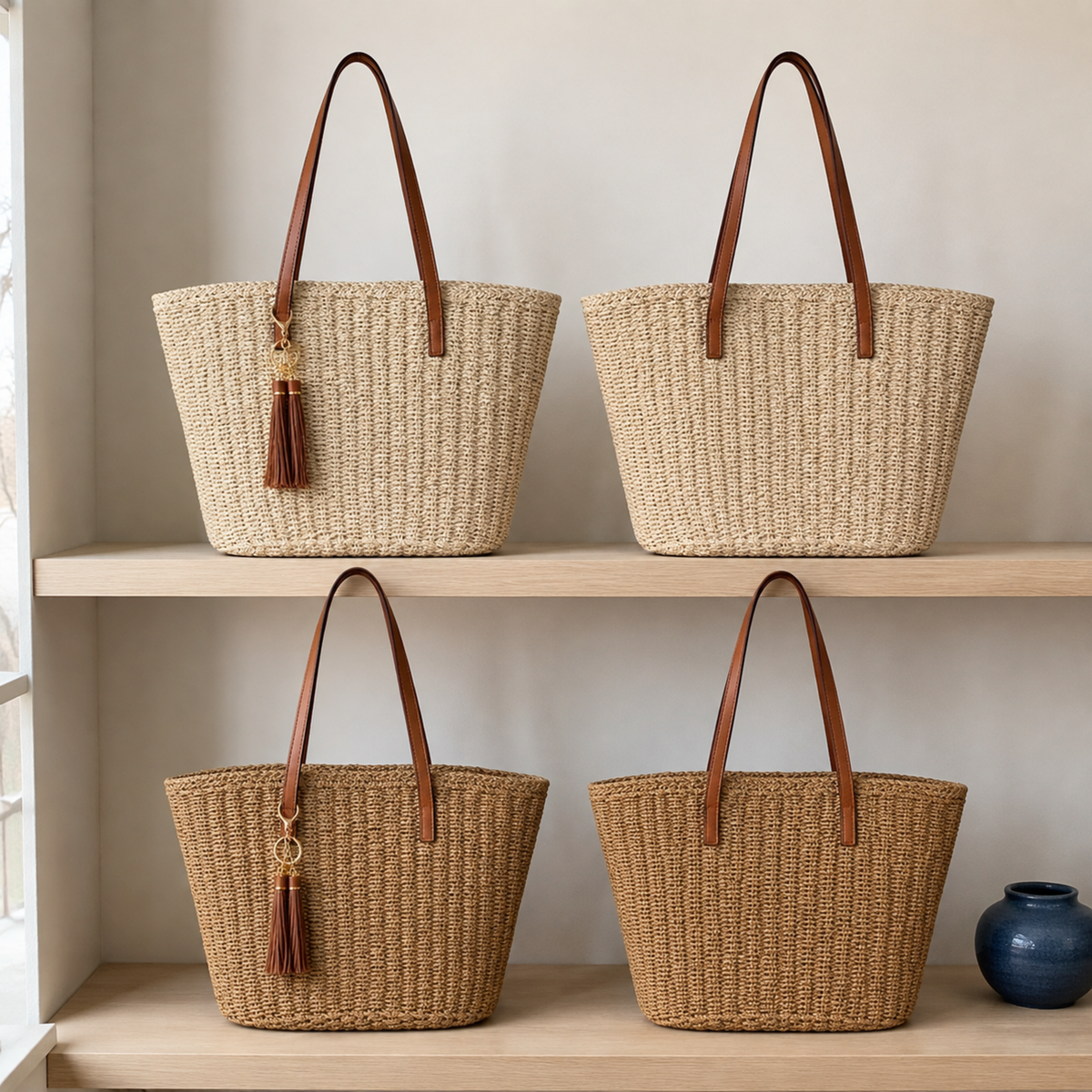Beige and Khaki straw tote options with and without tassels