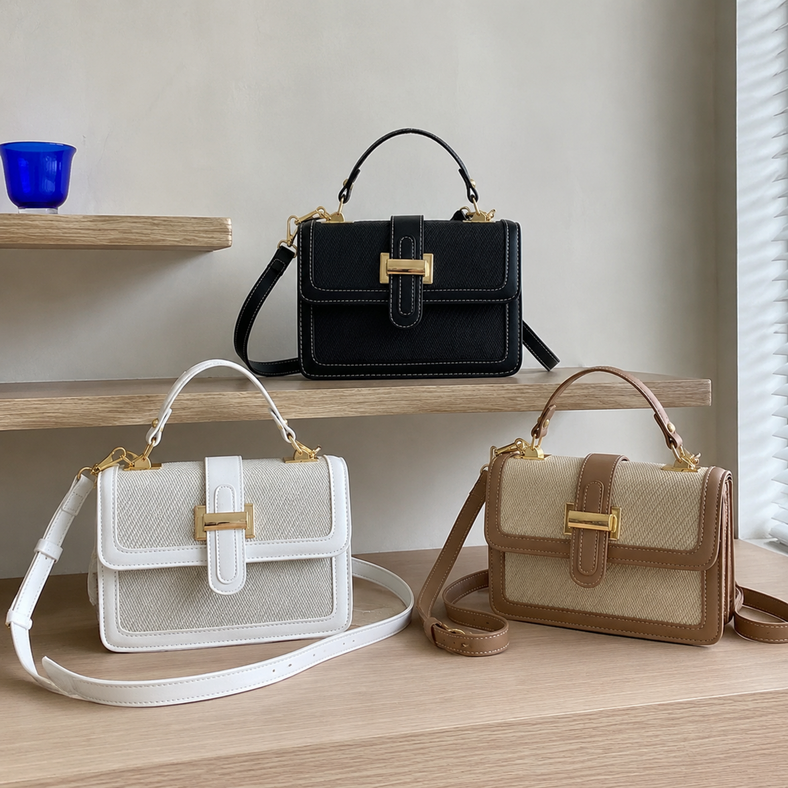 Beige, Khaki and Black textured petite tote color options
