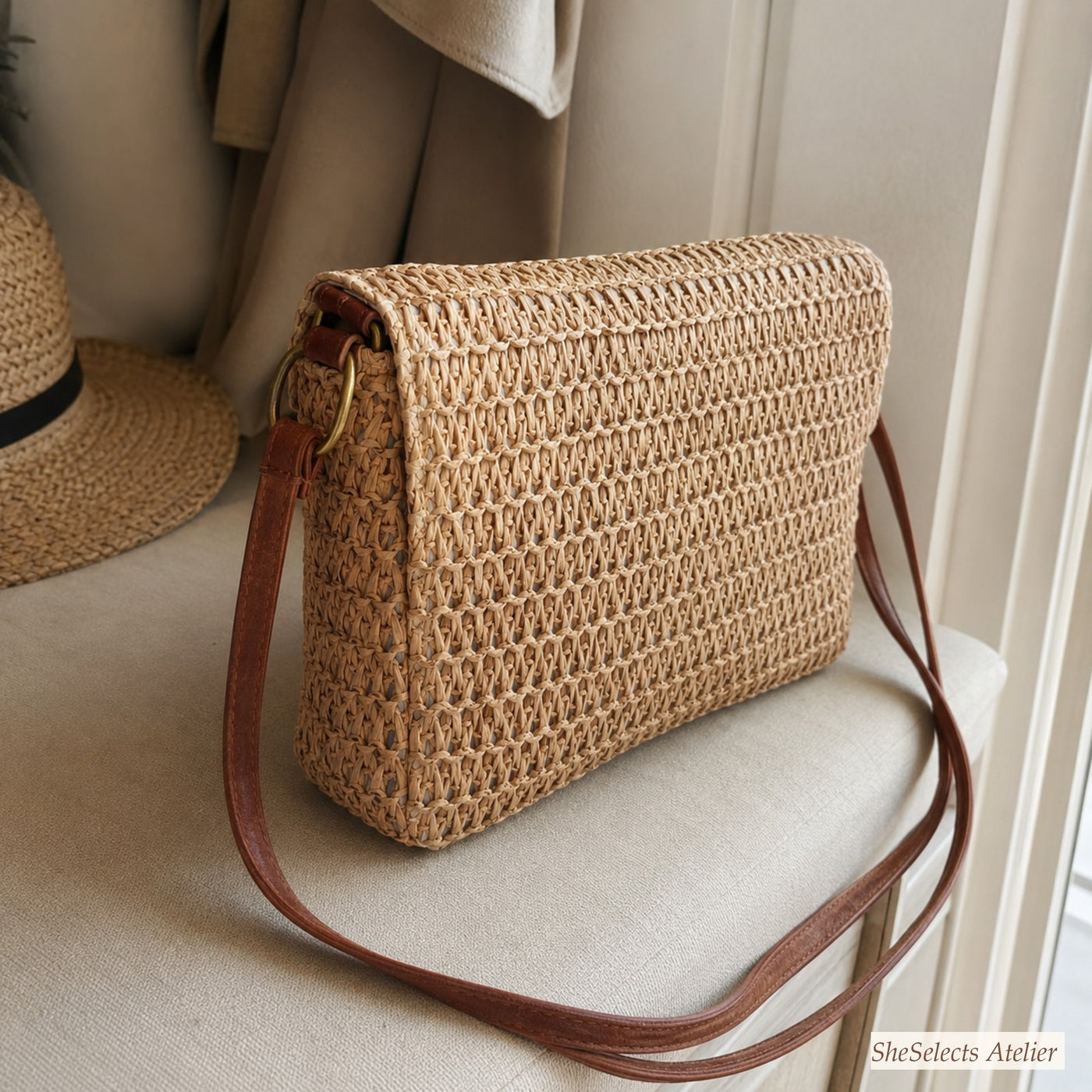 Back and side view of a woven straw crossbody bag