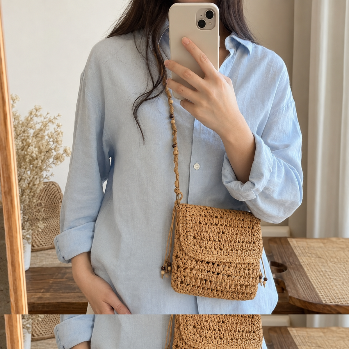 Woven straw crossbody bag, boho square summer purse with beaded strap for women
